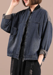 Beautiful Blue Denim Zippered Pockets Fall Coat Long Sleeve