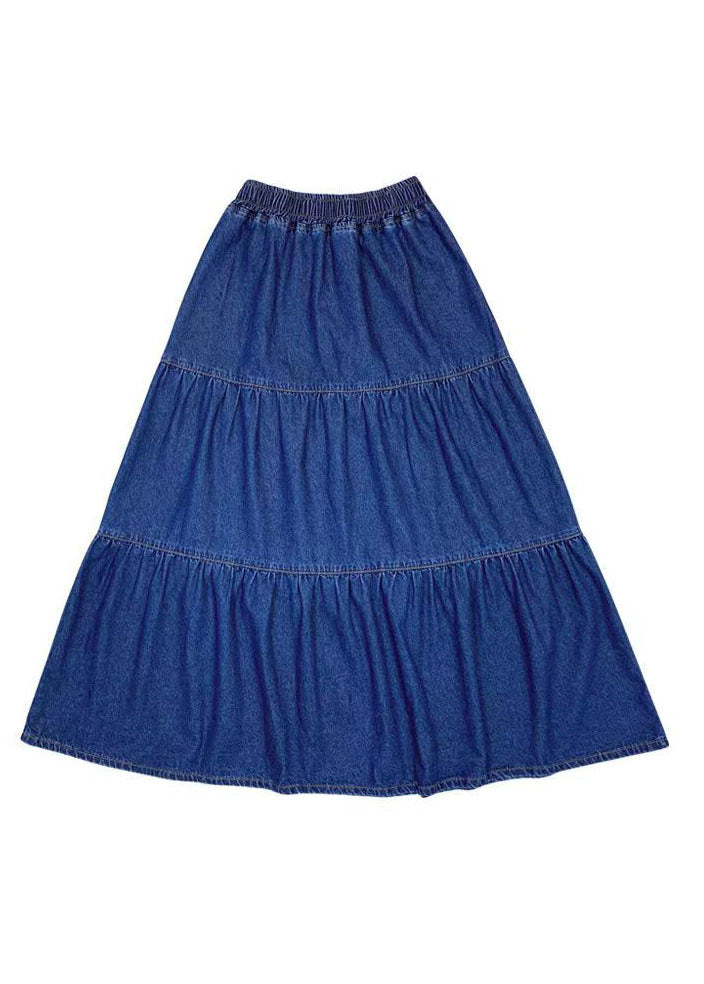 Beautiful Blue Elastic Waist Patchwork Wrinkled Exra Large Hem Cotton A Line Skirt Summer