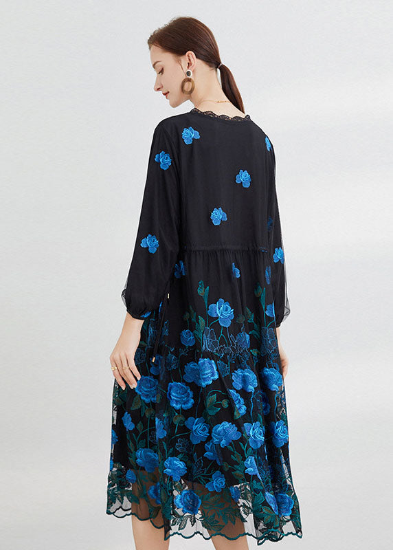 Beautiful Blue Embroidered Floral Tulle Long Dresses Long Sleeve