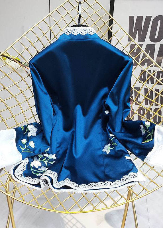 Beautiful Blue Embroideried Stand Collar Patchwork Silk tops Half Sleeve