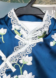 Beautiful Blue Embroideried Stand Collar Patchwork Silk tops Half Sleeve