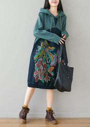 Beautiful Blue Hooded Pockets Drawstring Print Fall Sweatshirts Dress - bagstylebliss