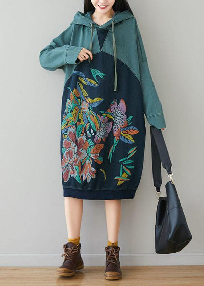 Beautiful Blue Hooded Pockets Drawstring Print Fall Sweatshirts Dress - bagstylebliss