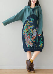 Beautiful Blue Hooded Pockets Drawstring Print Fall Sweatshirts Dress - bagstylebliss