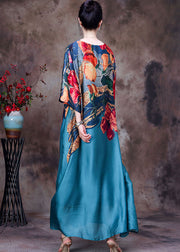 Beautiful Blue O-Neck Print 2024 Silk Long Dress Bracelet Sleeve