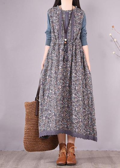 Beautiful Blue Patchwork Print Dresses O Neck Lace Robe Spring Dresses - bagstylebliss