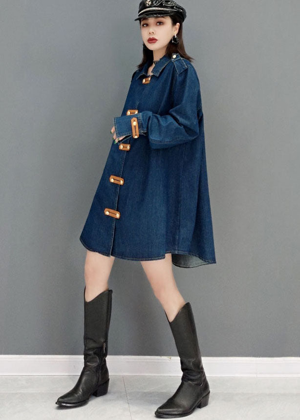 Beautiful Blue Peter Pan Collar Cotton Denim Long Coat Long Sleeve