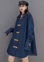 Beautiful Blue Peter Pan Collar Cotton Denim Long Coat Long Sleeve