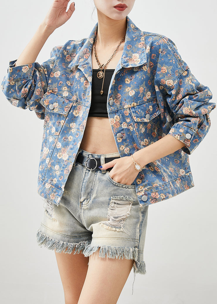 Beautiful Blue Peter Pan Collar Print Denim Coats Fall