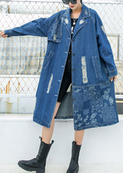 Beautiful Blue PeterPan Collar Button Pockets Print Hole Fall Long sleeve Trench Coat