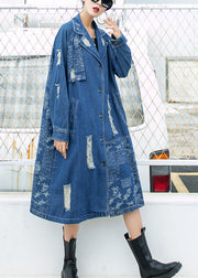 Beautiful Blue PeterPan Collar Button Pockets Print Hole Fall Long sleeve Trench Coat