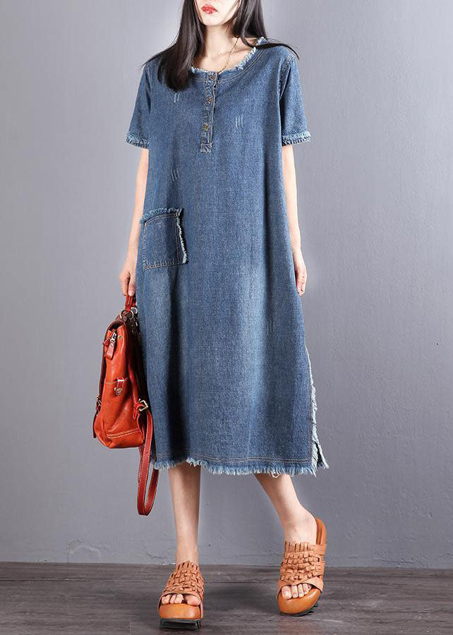 Schönes blaues Taschen-Knopf-Herbst-Denim-Kurzarm-Partykleid