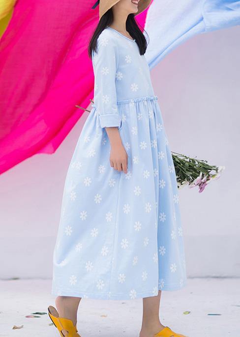 Beautiful Blue Print Clothes For Women O Neck Cinched Vestidos De Lino Dresses - bagstylebliss