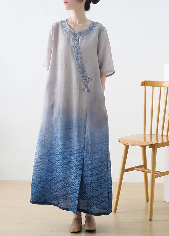 Beautiful Blue Print Embroidery Oriental Mid Summer Linen Dress - bagstylebliss