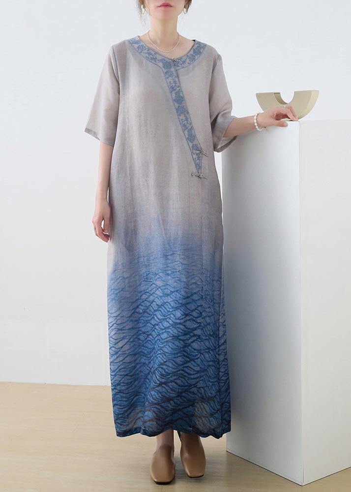 Beautiful Blue Print Embroidery Oriental Mid Summer Linen Dress - bagstylebliss