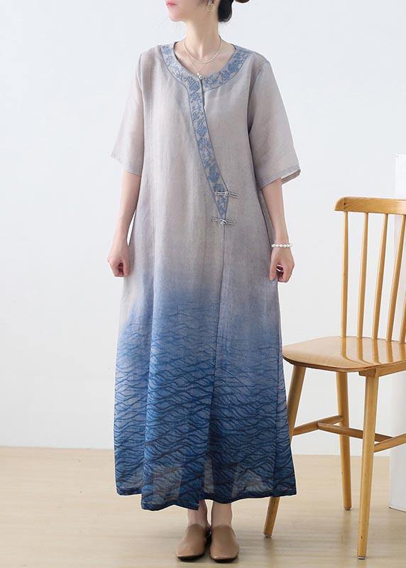 Beautiful Blue Print Embroidery Oriental Mid Summer Linen Dress - bagstylebliss