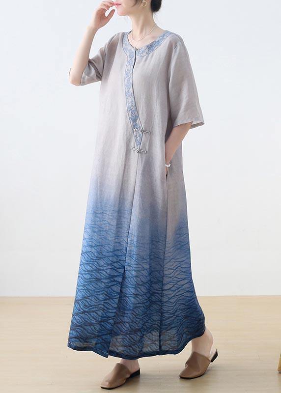 Beautiful Blue Print Embroidery Oriental Mid Summer Linen Dress - bagstylebliss