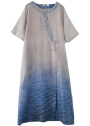 Beautiful Blue Print Embroidery Oriental Mid Summer Linen Dress - bagstylebliss