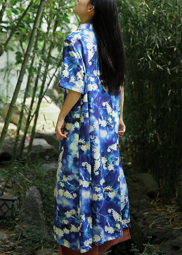 Beautiful Blue Print Pockets Linen Long Dresses Short Sleeve