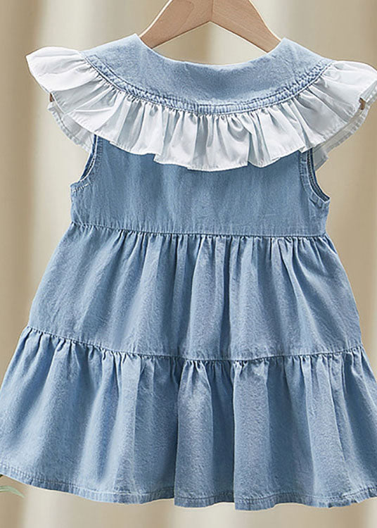 Beautiful Blue Ruffled Patchwork Denim Kids Girls Long Dress Summer