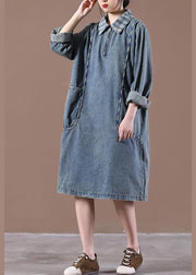 Beautiful Blue Tunics For Women Collar Long Spring Dress - bagstylebliss