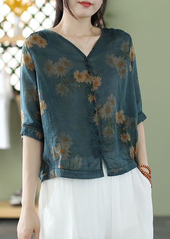 Beautiful Blue V Neck Button Print Cotton Shirt Summer