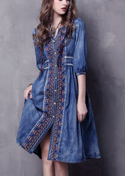 Beautiful Blue V Neck Embroideried Cotton Vacation Denim Dresses Half Sleeve