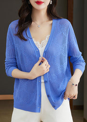 Beautiful Blue V Neck Hollow Out Patchwork Thin Knit Cardigan Fall