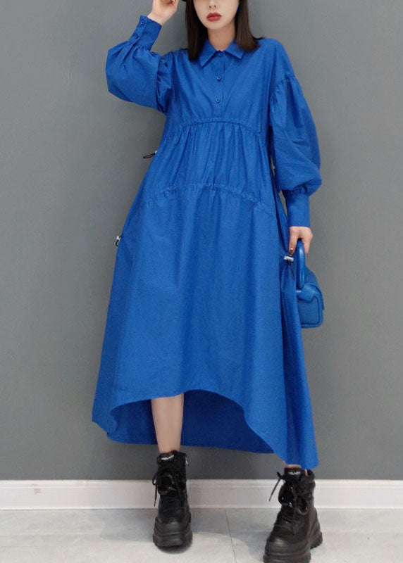 Beautiful Blue low high design Peter Pan Collar wrinkled long Dress Spring