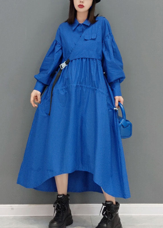 Beautiful Blue low high design Peter Pan Collar wrinkled long Dress Spring