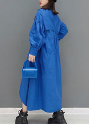 Beautiful Blue low high design Peter Pan Collar wrinkled long Dress Spring