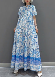 Beautiful Blue wrinkled Chiffon Long Dress Short Sleeve