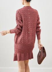 Beautiful Brick Red Ruffles Knit Two Pieces Set Fall