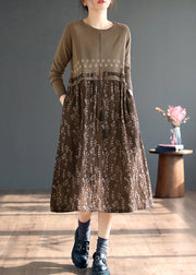 Beautiful Coffee O Neck Print Patchwork Knitting Dress Fall