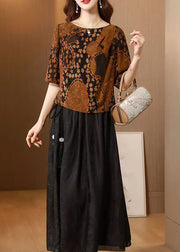 Beautiful Chocolate O-Neck Print Silk Tops And Skirts Two Pieces Set Summer