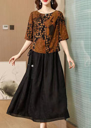 Beautiful Chocolate O-Neck Print Silk Tops And Skirts Two Pieces Set Summer