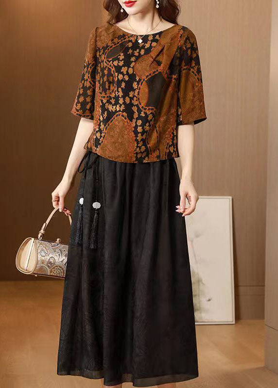 Beautiful Chocolate O-Neck Print Silk Tops And Skirts Two Pieces Set Summer