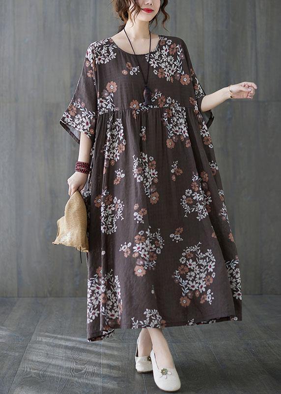 Beautiful Coffee Patchwork Print Summer Vacation Dress Half Sleeve - bagstylebliss