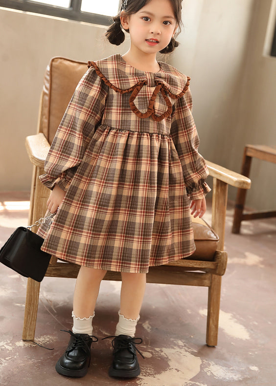 Beautiful Coffee Peter Pan Collar Plaid Patchwork Cotton Kids Girls Dresses Fall