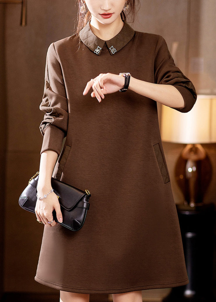 Beautiful Coffee Peter Pan Collar Pockets Cotton Mid Dress Fall