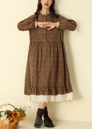 Beautiful Coffee Ruffled Print Cotton Long Dresses Spring