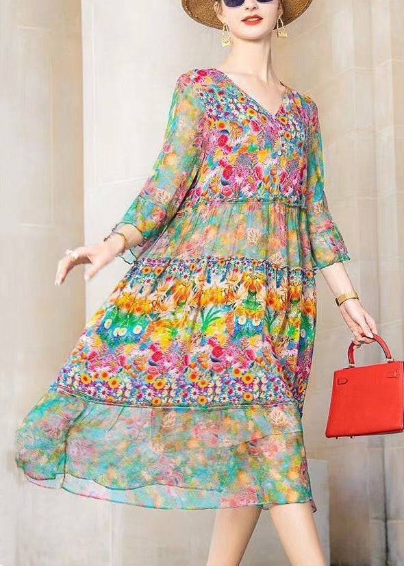 Beautiful Colorblock V Neck Print Patchwork Chiffon Dresses Bracelet Sleeve