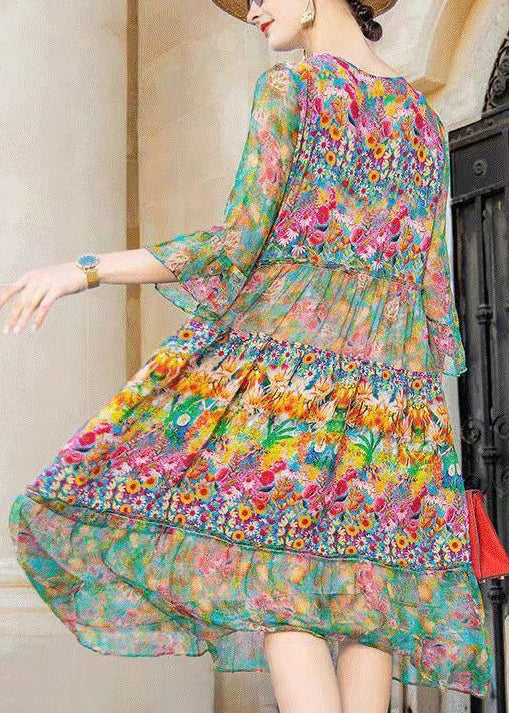 Beautiful Colorblock V Neck Print Patchwork Chiffon Dresses Bracelet Sleeve