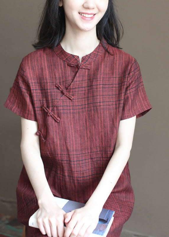 Beautiful Dark Red Plaid Stand Collar Chinese Style Button Linen A Line Dresses Short Sleeve