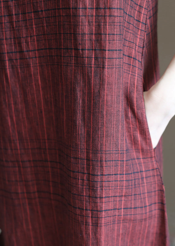 Beautiful Dark Red Plaid Stand Collar Chinese Style Button Linen A Line Dresses Short Sleeve