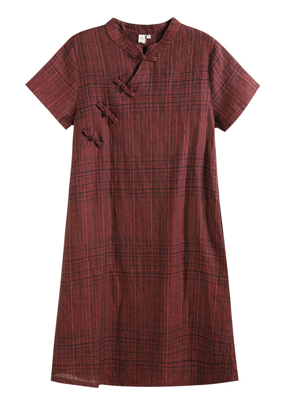 Beautiful Dark Red Plaid Stand Collar Chinese Style Button Linen A Line Dresses Short Sleeve