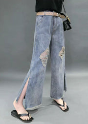 Beautiful Denim Blue High Waist Hole Pockets Side Open Cotton Straight Pants Summer