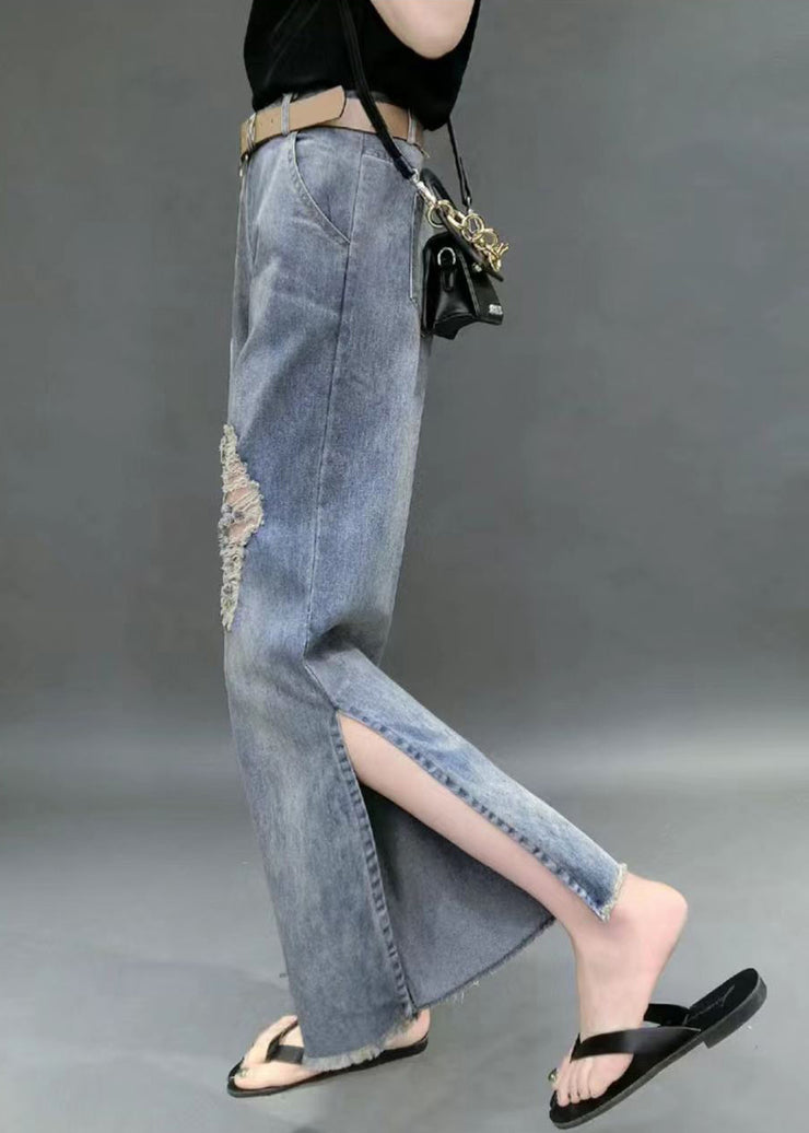 Beautiful Denim Blue High Waist Hole Pockets Side Open Cotton Straight Pants Summer