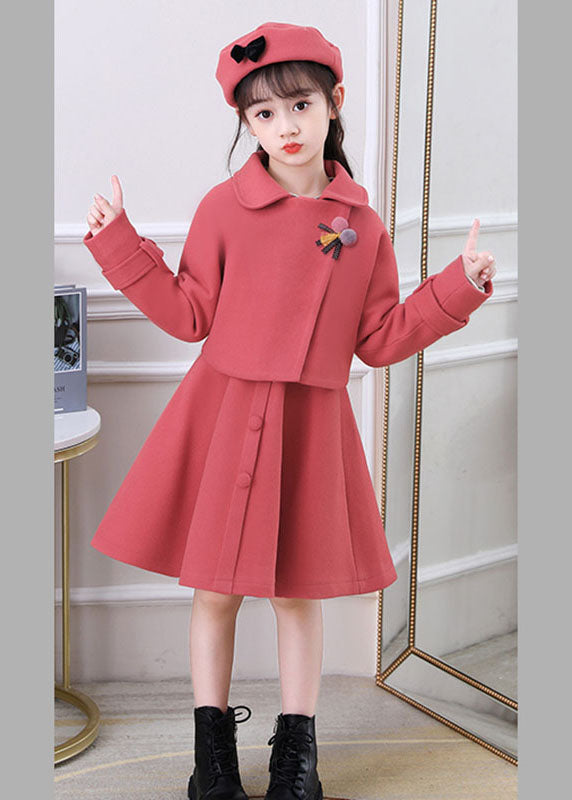 Beautiful Dousha Red Peter Pan Collar Coats And Dress Cotton Kids Two Pieces Set Long Sleeve