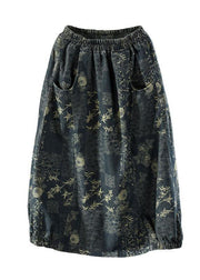 Beautiful Floral Elastic Waist Pockets Denim Skirts - bagstylebliss